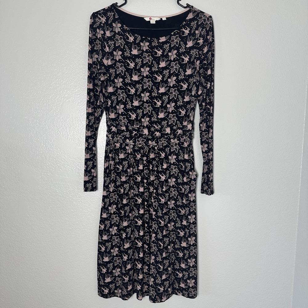 Boden Size-6R Sparrow Bird Floral Print Abigail Long Sleeve Jersey Knit Dress